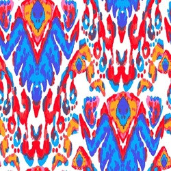 Rhombus Ikat Vector Pattern. Ogee Geometric Print. Wet Vintage Tie Dye Ornament. Neon Blue and Red on White Abstract Ethnic Kilim.  Vibrant Carpet Rug Chevron Motif.  Watercolor Batik Seamless Design.