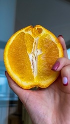 A photo in the room of a young attractive hand holding an orange. A woman's hand holding a ripe orange cut in half close-up. A hand holding half an orange in close-up.