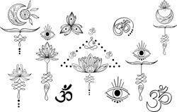 Linear black set of abstract yoga symbol with moon, unalome, eye, lotus, om, triskel. Indian outline yoga illustration. Vector mandala clipart for card, print, packing, poster, tattoo in yoga style