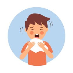 A boy children suffering from flu in winter season. Sad kids sneezing in handkerchief or tissue paper. Flu or cold allergy symptom cartoon. Influenza treatment. COVID-19 Coronavirus infection.