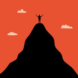 Life goal concept vector illustration. A man standing on the top of high mountain in flat design. Symbol of success, goal, achievement in life.	
