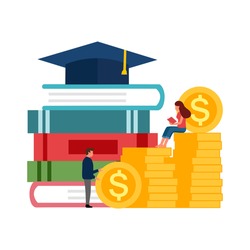 Graduation cost, expensive education,  scholarship loan budget, education savings and investment concept. Stack of books, dollar coins and graduation hat in flat design.