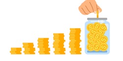 Hand putting dollar coins in to jar for money savings. Income growth. Wealth investor. Save money concept on white background. Financial saving increase.