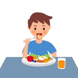 Boy kids eating sausage, fried egg, chicken, fruits and some vegetables in flat design on white background. Children enjoy eating delicious meal for breakfast or lunch.