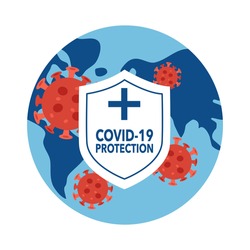 Covid19 coronavirus protection shield with virus cells on world planet in flat design. Stop covid19 pandemic outbreak.