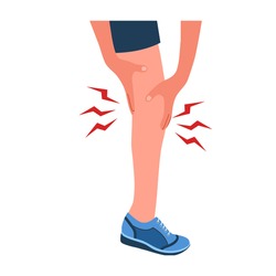 Leg pain concept vector illustration on white background. Sport man feel hurt in leg. Muscle or bone problem.