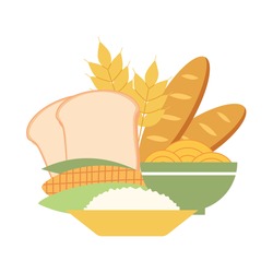 Carbohydrates food concept vector illustration on white background. Bread, rice, corn, noodles and wheat in flat design.