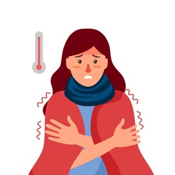 Sick woman suffering from flu with scarf and blanket. She has fever symptom. Cold or influenza disease concept.