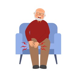 Senior man have knee pain, leg pain in flat design on white background. Guy use hand touching on leg and massage to relax his muscle.