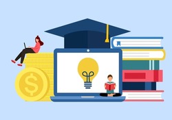 Graduation cost, expensive education, scholarship loan budget, education savings and investment concept. Stack of books, dollar coins, laptop computer and graduation hat in flat design.