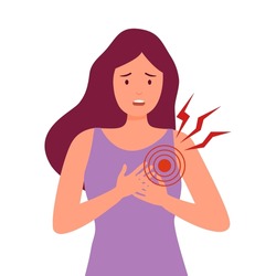 Young woman having heart disease symptom in flat design on white background. Heart attack concept vector illustration.