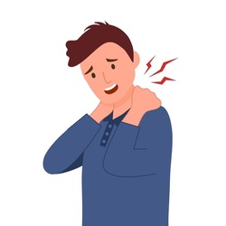 Man having neck ache symptom in flat design on white background. Neck and shoulders pain. Muscle problem.