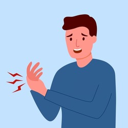 Man having hand pain in flat design. Arm pain. Muscle or bone problem.
