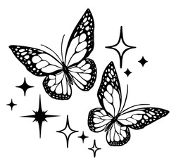 Vector butterfly outline silhouette black tattoo drawing illustration, bright shining stencil isolated stars.Two flying butterflies.Plotter laser cutting.T shirt print design.Vinyl wall sticker decal.