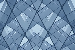 Metal framework. Reworked photo of structural glazing. Glass wall or ceiling structure. Abstract photo of modern architecture fragment with geometric pattern of polygons and triangles.