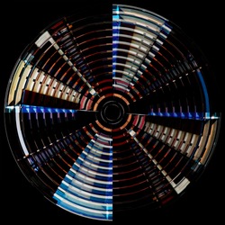 Rotating fan blades resembling domed roof or ceiling. Wheel of turbine. Glowing concentric circles structure. Abstract geometric background of architecture, industry or technology. Round pattern.