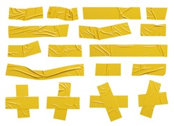 Isolated wrinkled yellow adhesive tape pieces.