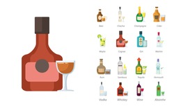bottles of alcoholic drinks with glasses flar icon set with absinthe, Martini bottle. alcoholic drinks. alcoholic drinks