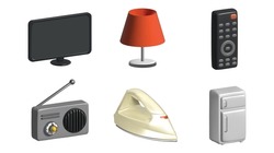 Tv and radio electronics 3d icon set with iron, fridge, table lamp isolated 3d illustration.
