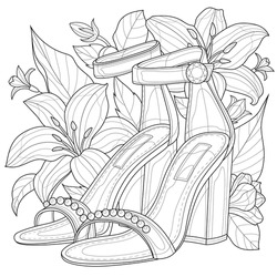 
Shoes with flowers.Coloring book antistress for children and adults. Illustration isolated on white background.Zen-tangle style. Hand draw