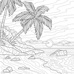 
Beach and palm tree.Coloring book antistress for children and adults. Illustration isolated on white background.Zen-tangle style. Hand draw