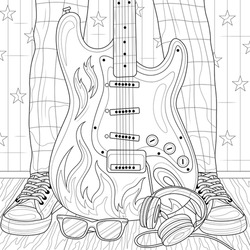 Electric guitar and feet.Coloring book antistress for children and adults. Illustration isolated on white background.Zen-tangle style. Hand draw