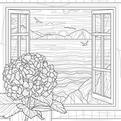 Hydrangea near the window. Sea and mountains.Landscape.Coloring book antistress for children and adults. Illustration isolated on white background.Zen-tangle style. Hand draw
