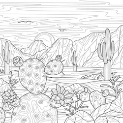 Desert with different cacti. Landscape. Sunset.Coloring book antistress for children and adults. Illustration isolated on white background.Zen-tangle style. Hand draw