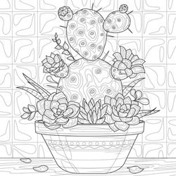 Cactus and succulents in a flowerpot.Coloring book antistress for children and adults. Illustration isolated on white background.Zen-tangle style. Hand draw