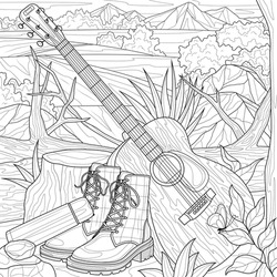 
Guitar and boots in nature.Musical instrument.Coloring book antistress for children and adults. Illustration isolated on white background.Zen-tangle style. Hand draw
