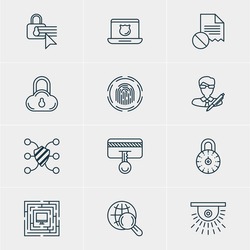 Vector Illustration Of 12 Protection Icons. Editable Pack Of Camera, Safe Storage, Finger Identifier And Other Elements.