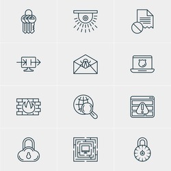Vector Illustration Of 12 Protection Icons. Editable Pack Of Corrupted Mail, Data Error, Key Collection And Other Elements.