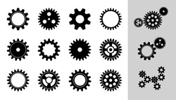 Vector Machine Cogwheel Collection. Set Of Gear Wheels And Cogs, Flat Icons In Black And White, Different Configuration. Clockwork Round Details. Gears Can Be Combined Into Mechanism By Changing Size.