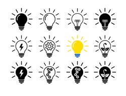 Set Of Light Bulb Flat Icons, Linear And Black. Collection Of Lighting Electric Lamps. Simple Pictograms, 12 Items. Vector Graphic Design Elements. Creative Idea Sign, Solution, Innovation Concept.