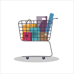 Shopping cart with box and bags. Colorful bags, red, turquoise, yellow, purple, brown, and blue. Impulsive buying use trolley with full bags.