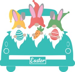 Easter Truck Svg vector Illustration isolated on white background. Easter Truck with easter gnome for Cricut and Silhouette. Vintage truck for design shirt and scrapbooking.Easter gnome image