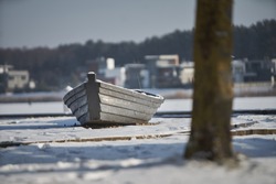 Icy sail boat, Latvia, Boat at the winter coast