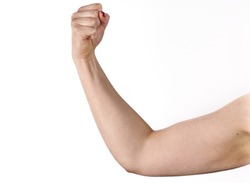 closeup picture of sporty woman flexing her biceps.