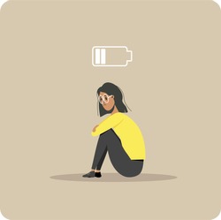 Professional burnout. A young exhausted girl sits and hugs her knees. Zero charge of energy. Woman offended, in depression. Isolated vector illustration.