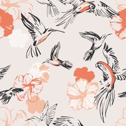 Flying exotic birds and hibiscus flowers seamless pattern. Line art sketch of parrots, hummingbirds, botanical florals. Art background for textile, fabric, wallpaper etc. Vector, EPS 10