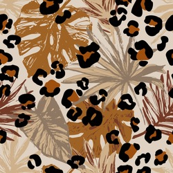 Abstract tropical leaves, grunge leopard camouflage spots background. Trendy seamless pattern palm leaves, animal skin print in natural brown colors. Vector art for surface design, fabric, wallpaper