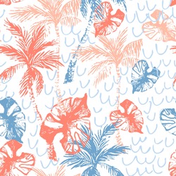 Beautiful abstract tropics seamless pattern. Grunge palm trees, tropical leaves on waved beige background. Exotic beach island and ocean concept for summer wallpaper design in vector hand drawn style.