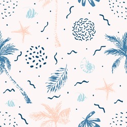 Nautical seamless pattern. Hand drawn summer beach background: palm trees, palm leaves, nautilus seashell, fish, starfish. Vector illustration