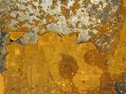 Corrosion metal texture background. Oxidized rusty iron with cracked paint on old metal surface. Corroded grunge steel abstract structure in orange color.