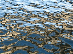 Blue water surface. Abstract reflection and abstract distorted elements in water. Cityscape distorted in the river. Rippled water texture. Disordered water background. Layout or template of abstract 	