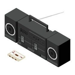 Retro tape player. Vintage cassette music player, old sound recorder and audio cassettes. Stereo acoustic dj sound analogue boombox pop music player. Isolated vector illustration icons set