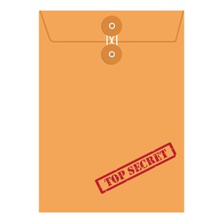 Brown long postal envelope template with red rubber stamp top secret vector illustration. Envelope sealed with string.