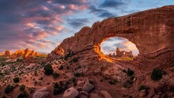 Evening light over North Window with Turret Arch in the distance, Arches National Park Utah