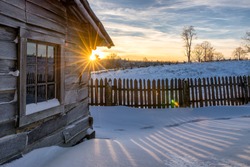 Winter sunset over the old Lige Gibbons Cabin in the Cumberland Gap National Park
