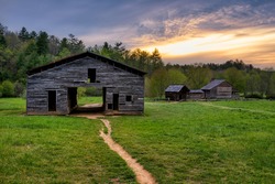 Scenic sunset over old homestead in the Great Smoky Mountains